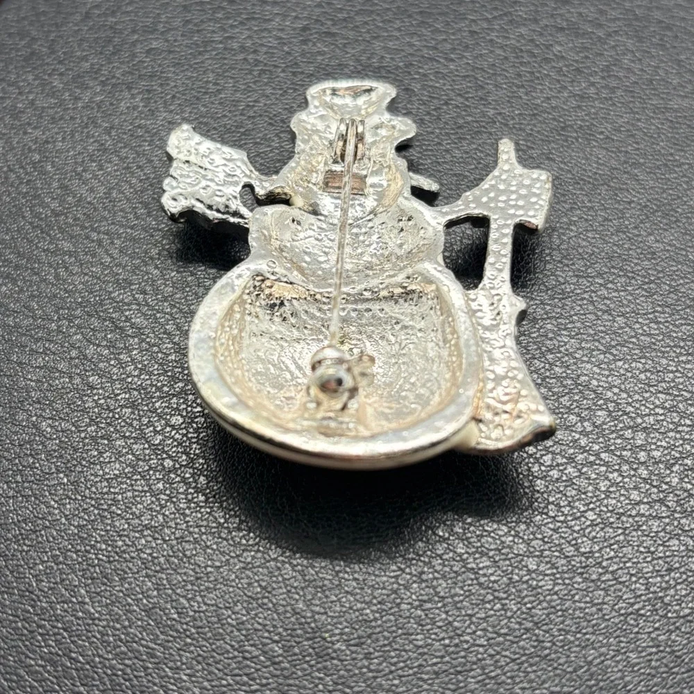 Vintage Snowman Brooch Enamel Christmas Holiday Pin Silver Tone Broom 1.75in